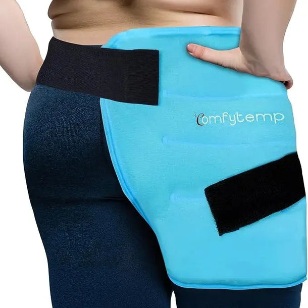 Blue Comfytemp hip ice pack with adjustable straps for targeted pain relief and recovery.
