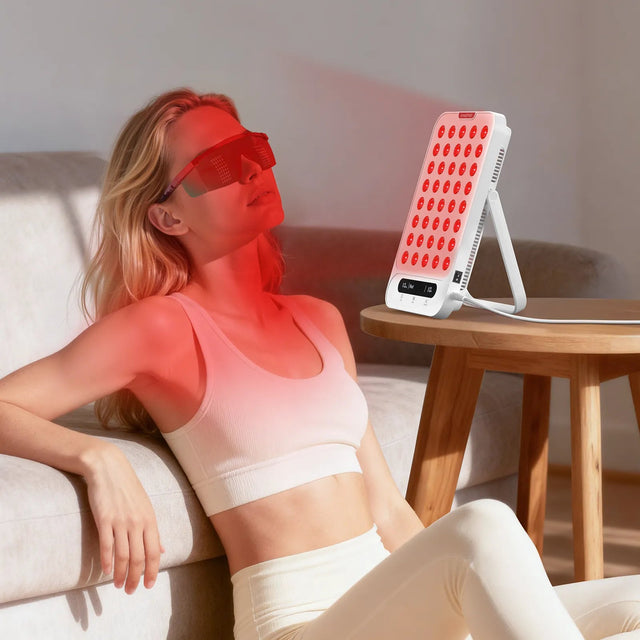 Woman wearing goggles relaxing on a sofa while using a portable red light therapy panel.