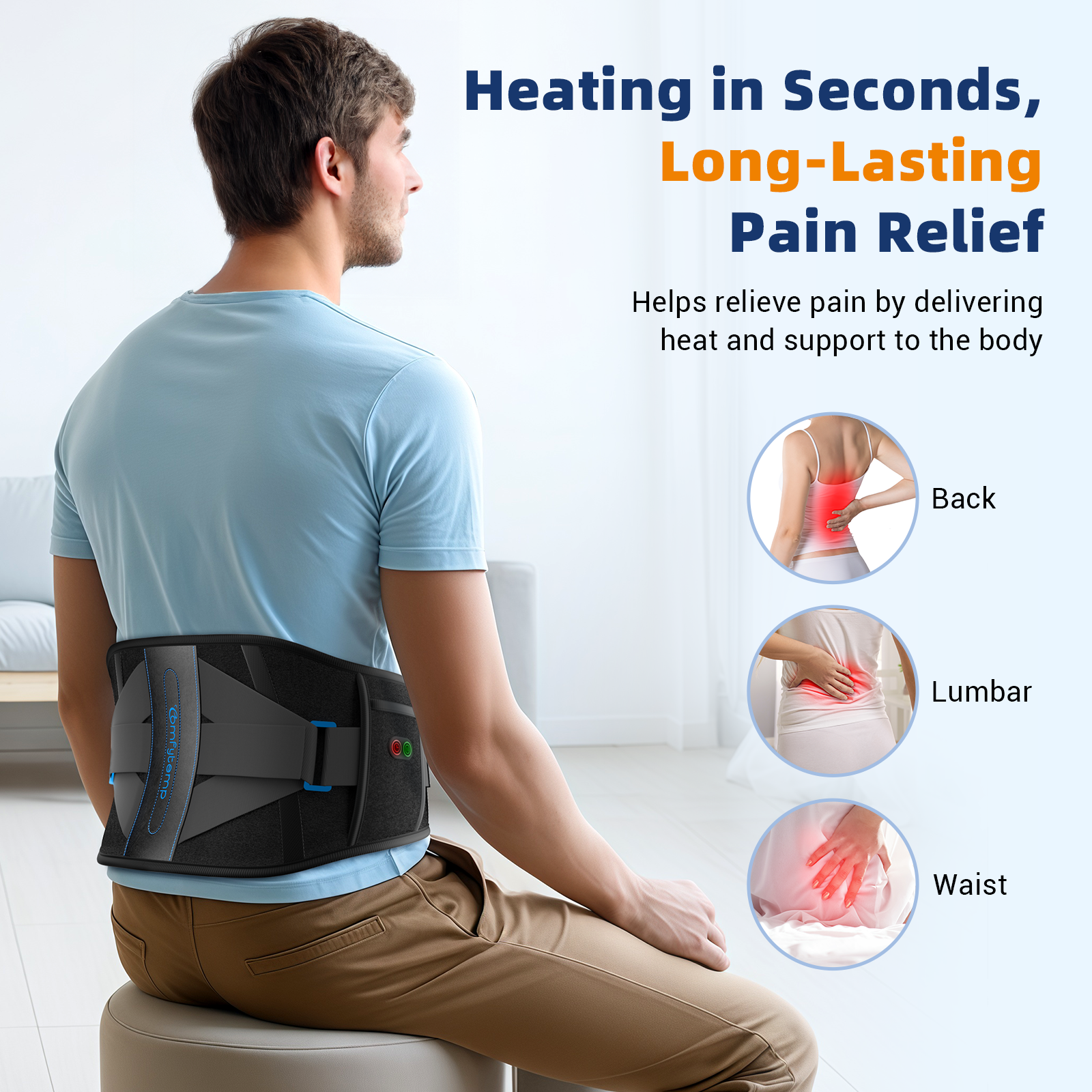Soporte lumbar Comfytemp con 3 niveles de calor y 3 temporizadores, almohadilla térmica inalámbrica para aliviar el dolor de espalda, se adapta a la mayoría de tallas corporales hasta 150 cm (59").