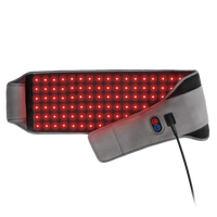 Red LED light therapy belt for waist and back pain relief, adjustable grey strap with controls.