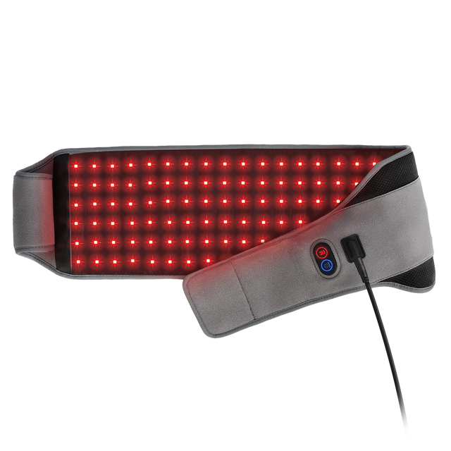 Red LED light therapy belt for waist and back pain relief, adjustable grey strap with controls.