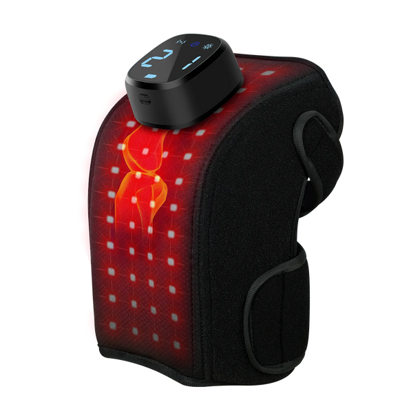 Heated knee massager wrap with red light therapy and digital control display.
