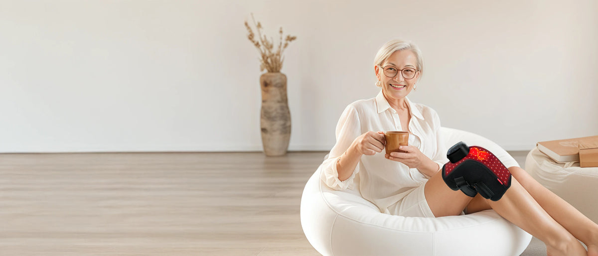 An older woman sitting in a white armchair and relaxing with a heated knee massager.