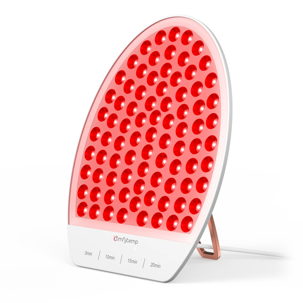 Oval red light therapy panel with adjustable timer and stand on a white background.