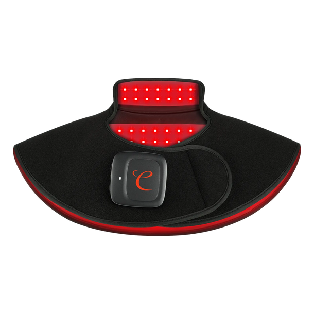 Black neck wrap with integrated red light therapy LEDs and a small control module.