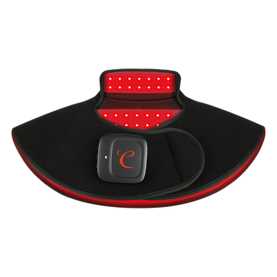 Black neck wrap with integrated red light therapy LEDs and a small control module.