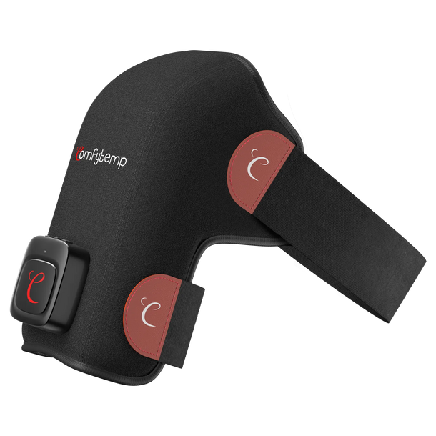 A Comfytemp shoulder heating wrap with a digital controller and glowing heat edges.