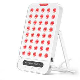 Portable red light therapy panel with adjustable stand and digital control display.