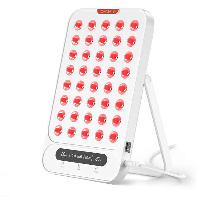 Portable red light therapy panel with adjustable stand and digital control display.