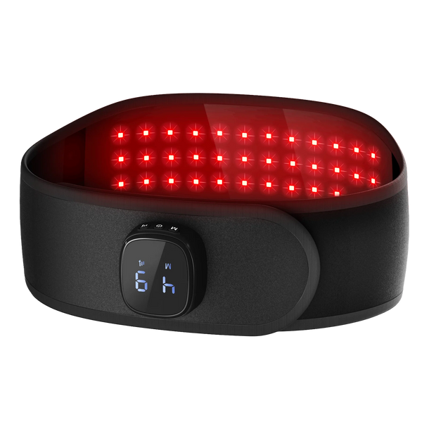 A black red light therapy belt with glowing LED lights and a digital controller showing "L9".