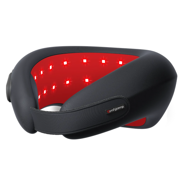 Red light therapy neck wrap with power and mode buttons and internal LED lights.