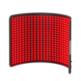 Flexible red light therapy pad with a grid of glowing red LED lights on a dark background.