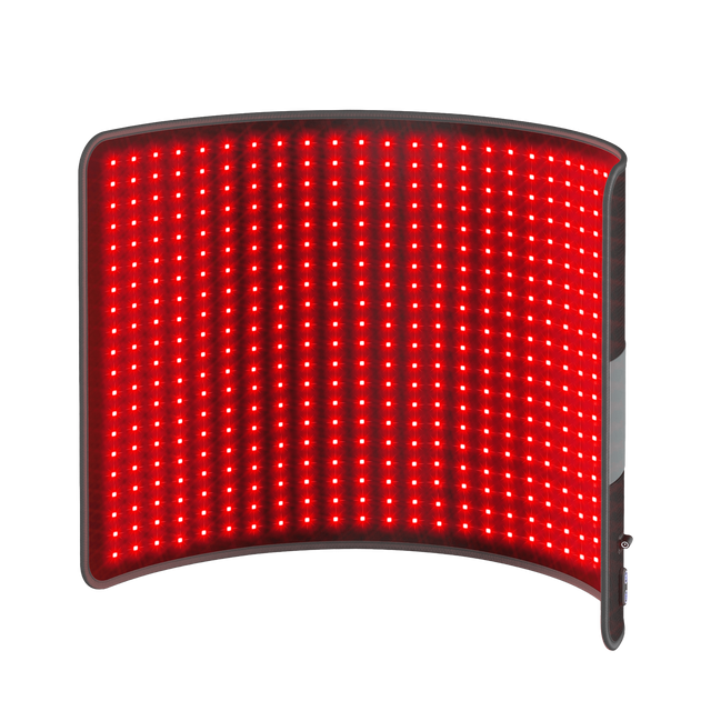 Flexible red light therapy pad with a grid of glowing red LED lights on a dark background.