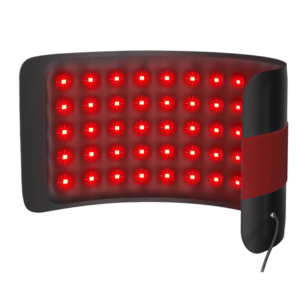 A flexible red light therapy belt with glowing LED panels, shown on a transparent background.