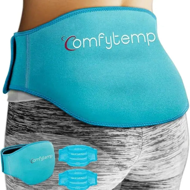 Blue Comfytemp back wrap shown on a person with two blue hot and cold gel packs.
