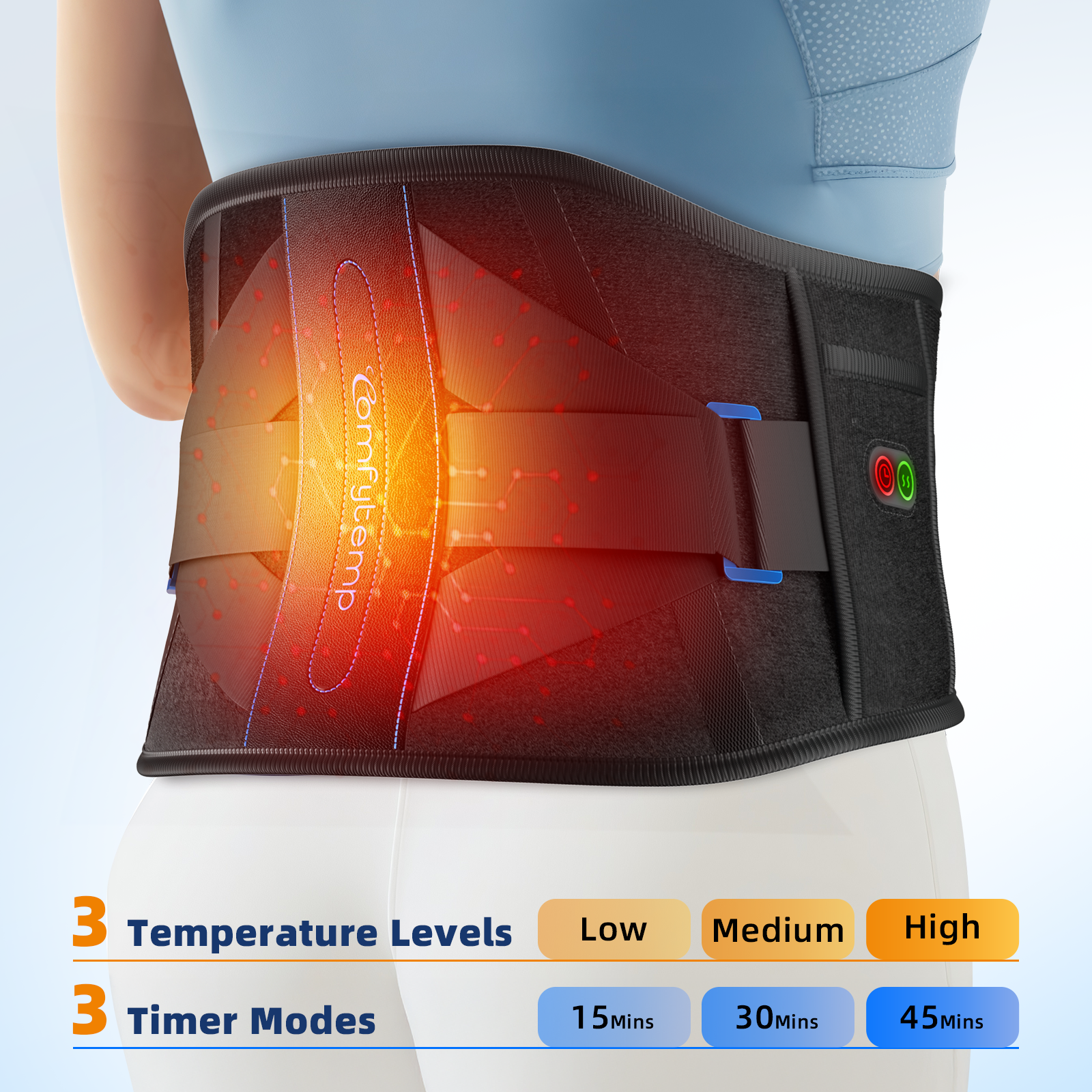 Soporte lumbar Comfytemp con 3 niveles de calor y 3 temporizadores, almohadilla térmica inalámbrica para aliviar el dolor de espalda, se adapta a la mayoría de tallas corporales hasta 150 cm (59").