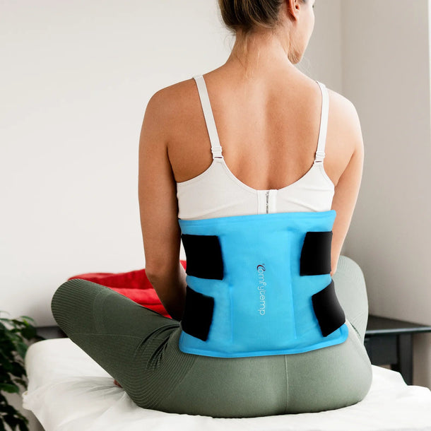 Woman wearing a blue Comfytemp ice pack on her lower back for pain relief.