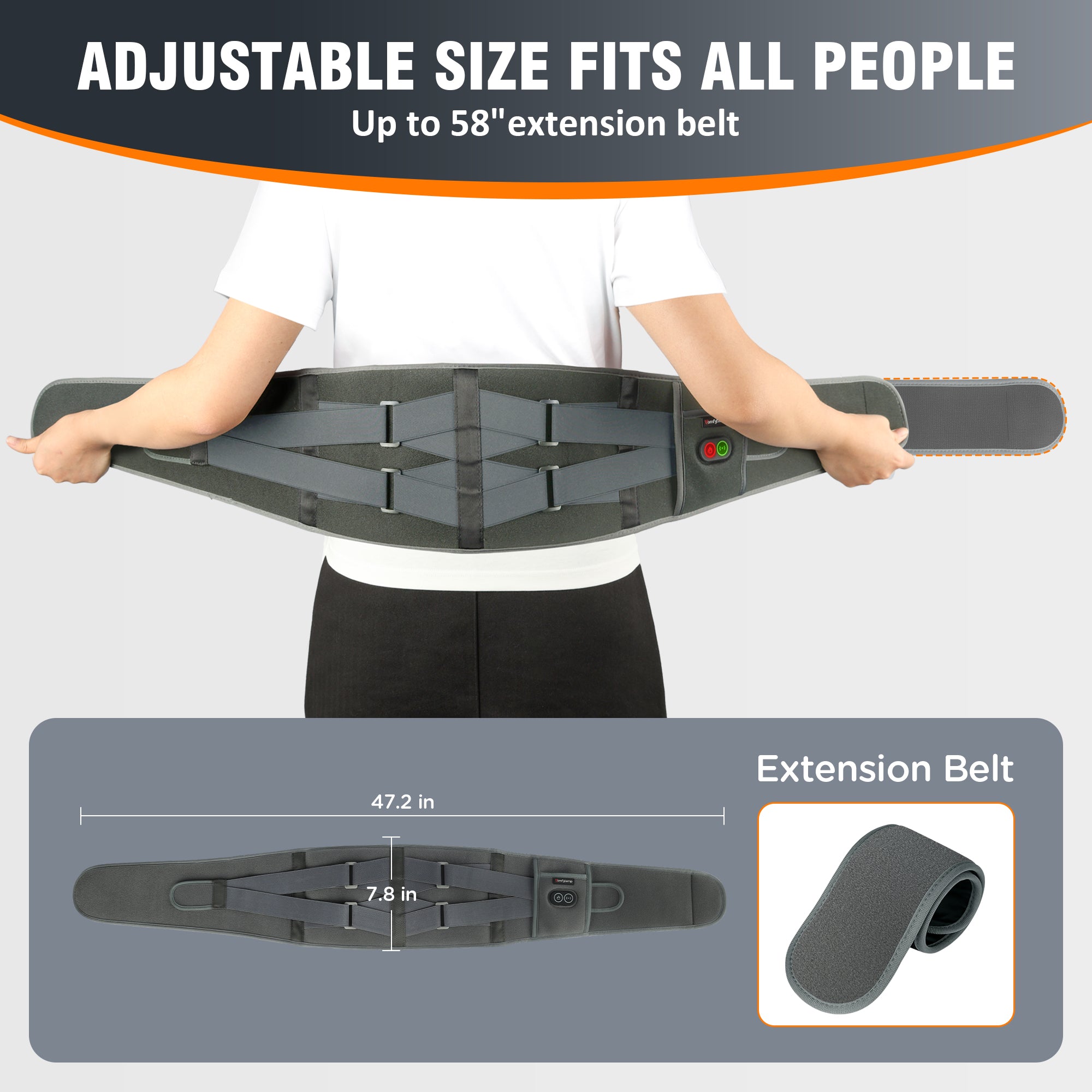 Cordless Heating Pad for Back Pain Relief, Comfytemp Battery Power Waist Belt with Massage,Grey
