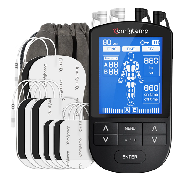 A senior couple smiling while simultaneously using a TENS unit on their legs, arms, and shoulder.