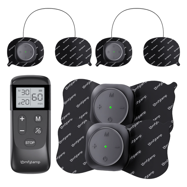 Comfytemp TENS EMS device with remote control and various electrode pads for muscle therapy.