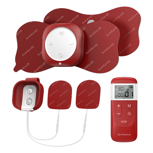 Red Comfytemp recovery pads and remote control kit for muscle and joint therapy.