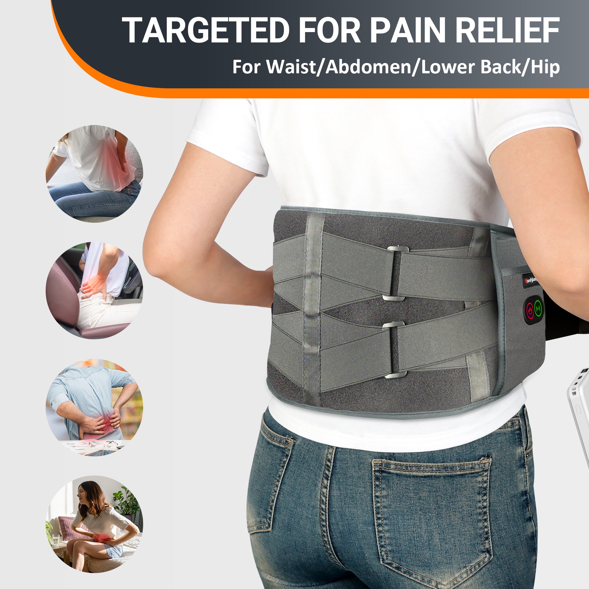 Cordless Heating Pad for Back Pain Relief, Comfytemp Battery Power Waist Belt with Massage,Grey
