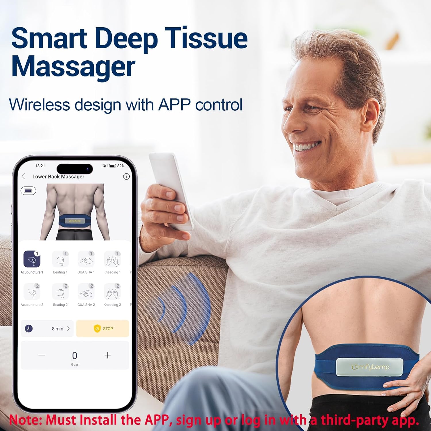 Comfytemp Cordless Back Massager Brace with TENS EMS, Smart Wireless TENS Massager for Back Pain Relief