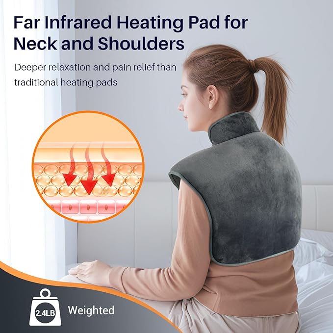 Comfytemp Far Infrared Weighted Heating Pad for Neck Shoulders, Wearable Electric Heat Pad, FSA HSA Eligible, Adjustable & Better Fit Heated Wrap for Deeper Muscle & Pain Relief, Gifts for Women Men