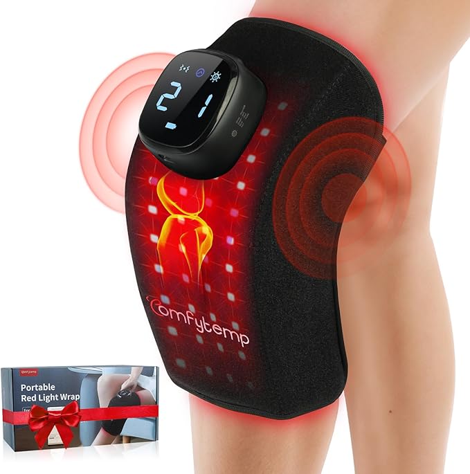 Comfytemp 3D Red Light Therapy Knee Wrap with Vibration Massage, Cordless 5000mAh Heated Knee Massager for Pain Relief, Portable Wireless Ergonomic 660nm&850nm Near Infrared Light Wrap for Knee Joint
