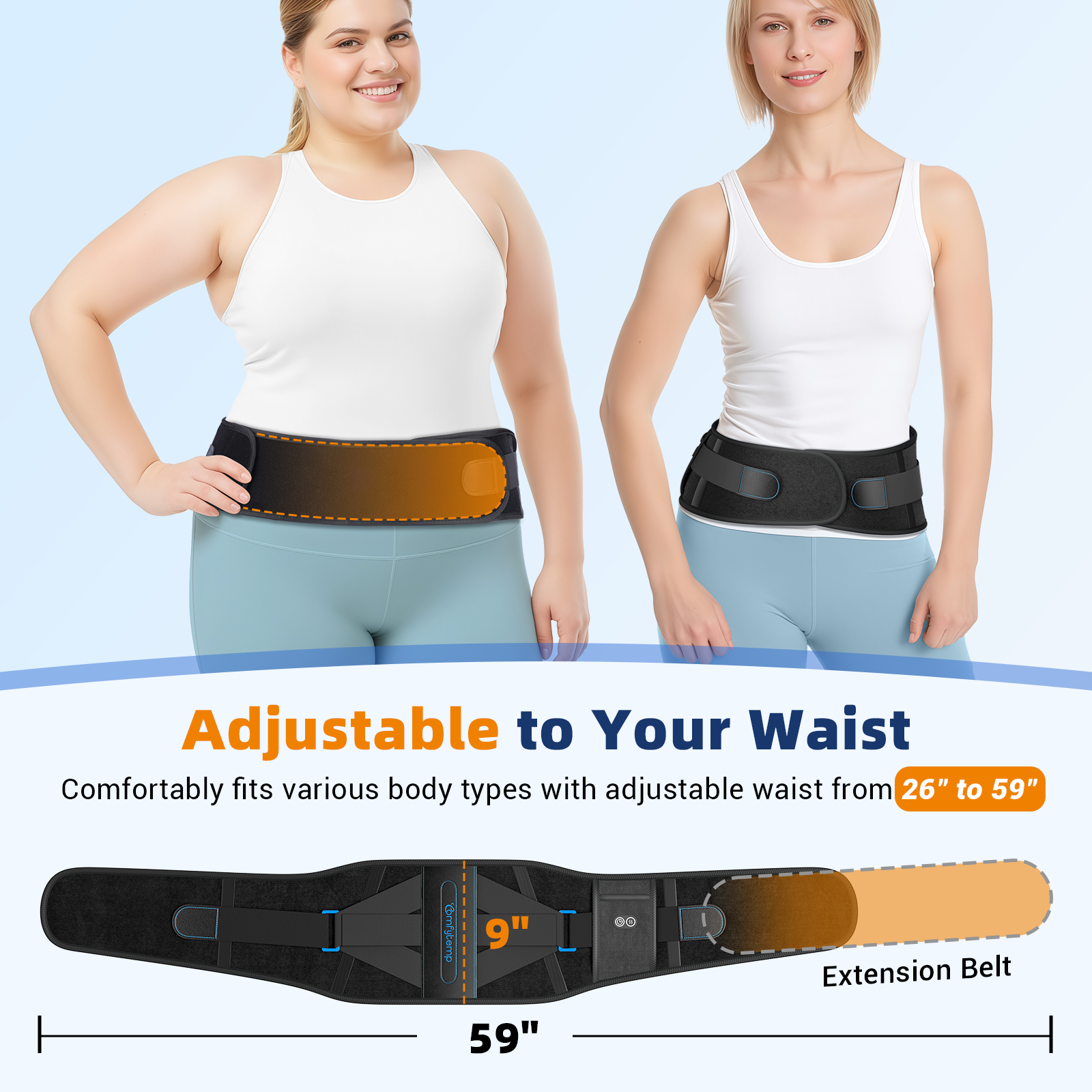 Soporte lumbar Comfytemp con 3 niveles de calor y 3 temporizadores, almohadilla térmica inalámbrica para aliviar el dolor de espalda, se adapta a la mayoría de tallas corporales hasta 150 cm (59").