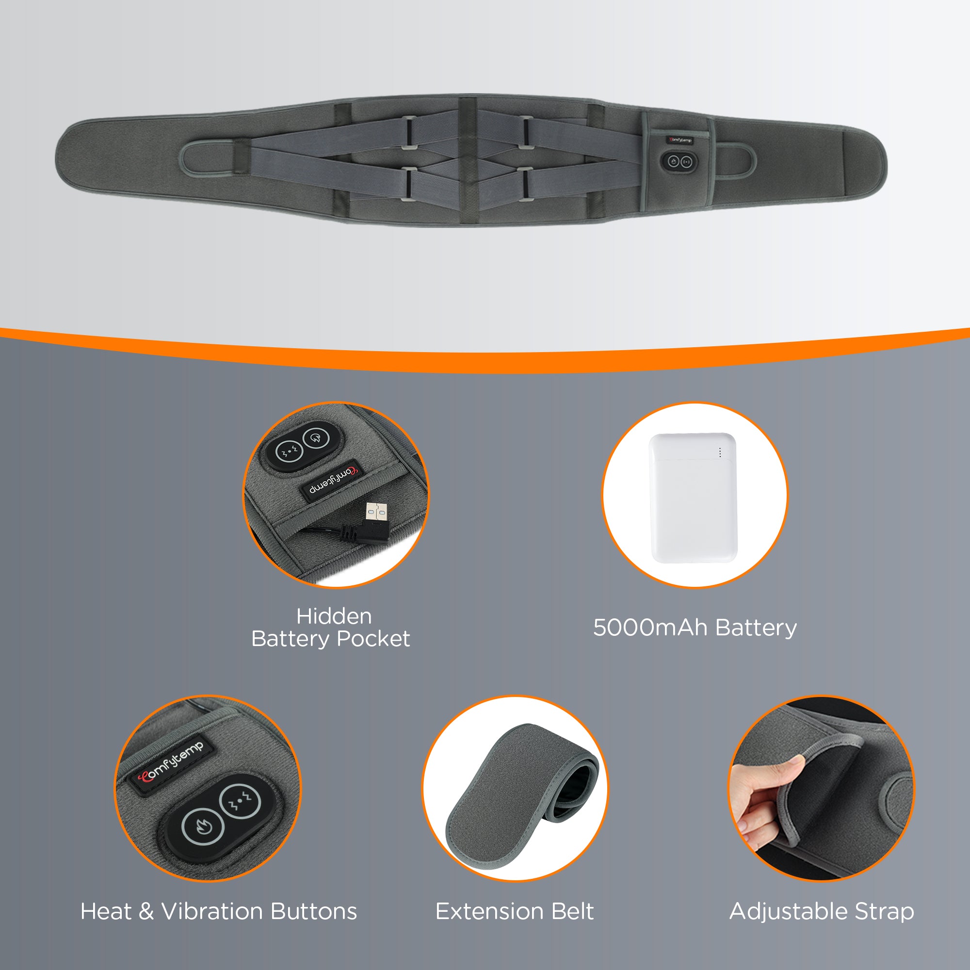 Cordless Heating Pad for Back Pain Relief, Comfytemp Battery Power Waist Belt with Massage,Grey