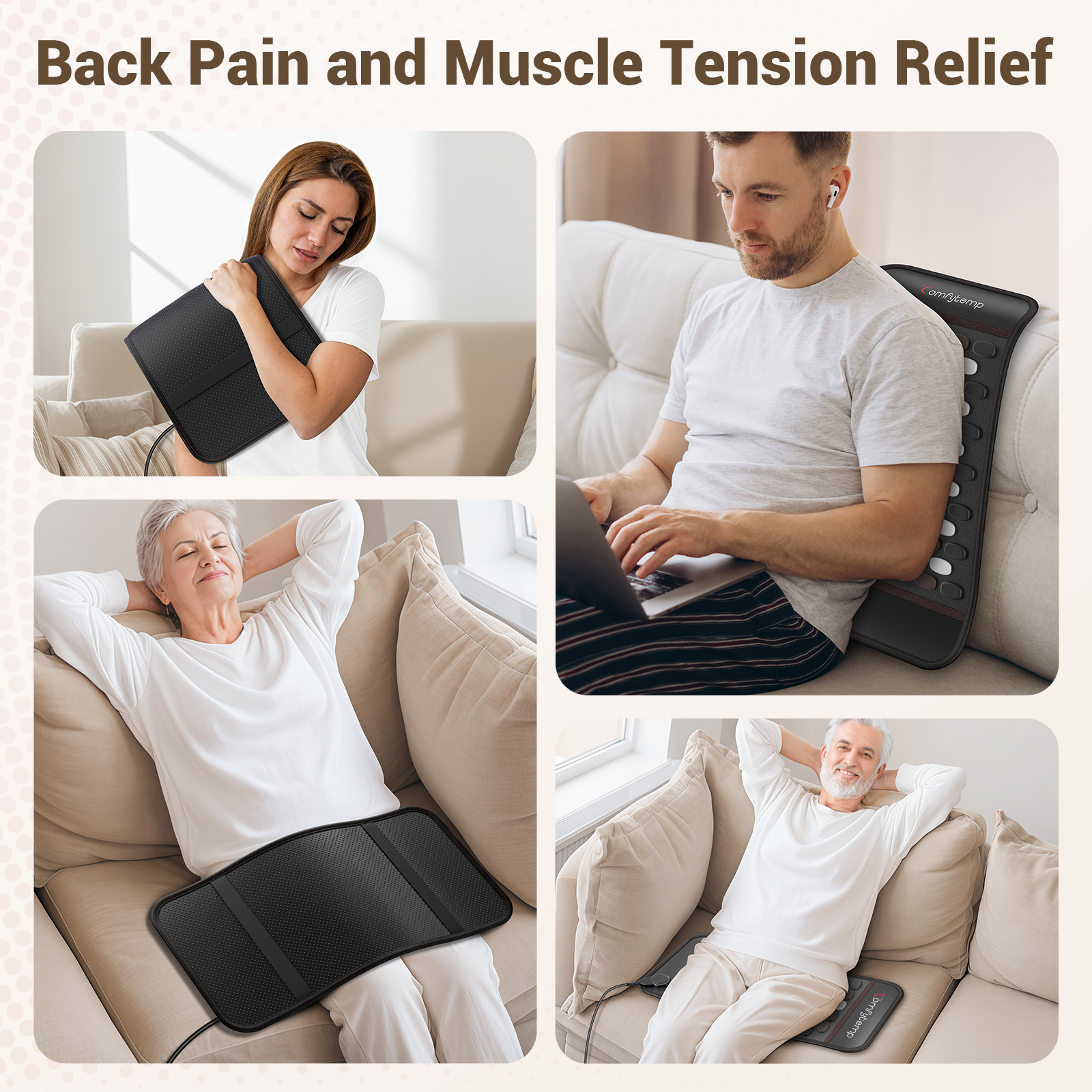 Comfytemp Infrared Heating Pad for Back with 65 Tourmaline Stones, 6 Heat 8 Timers, 24"×12"