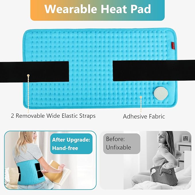 Comfytemp Wearable Heating Pad for Back Pain Relief & Cramps with 2 Elastic Straps, FSA HSA Eligible 12"×24" Electric Large Heat Pad for Neck Shoulder, Gifts for Women Men Mom Dad, Washable Heated Pad