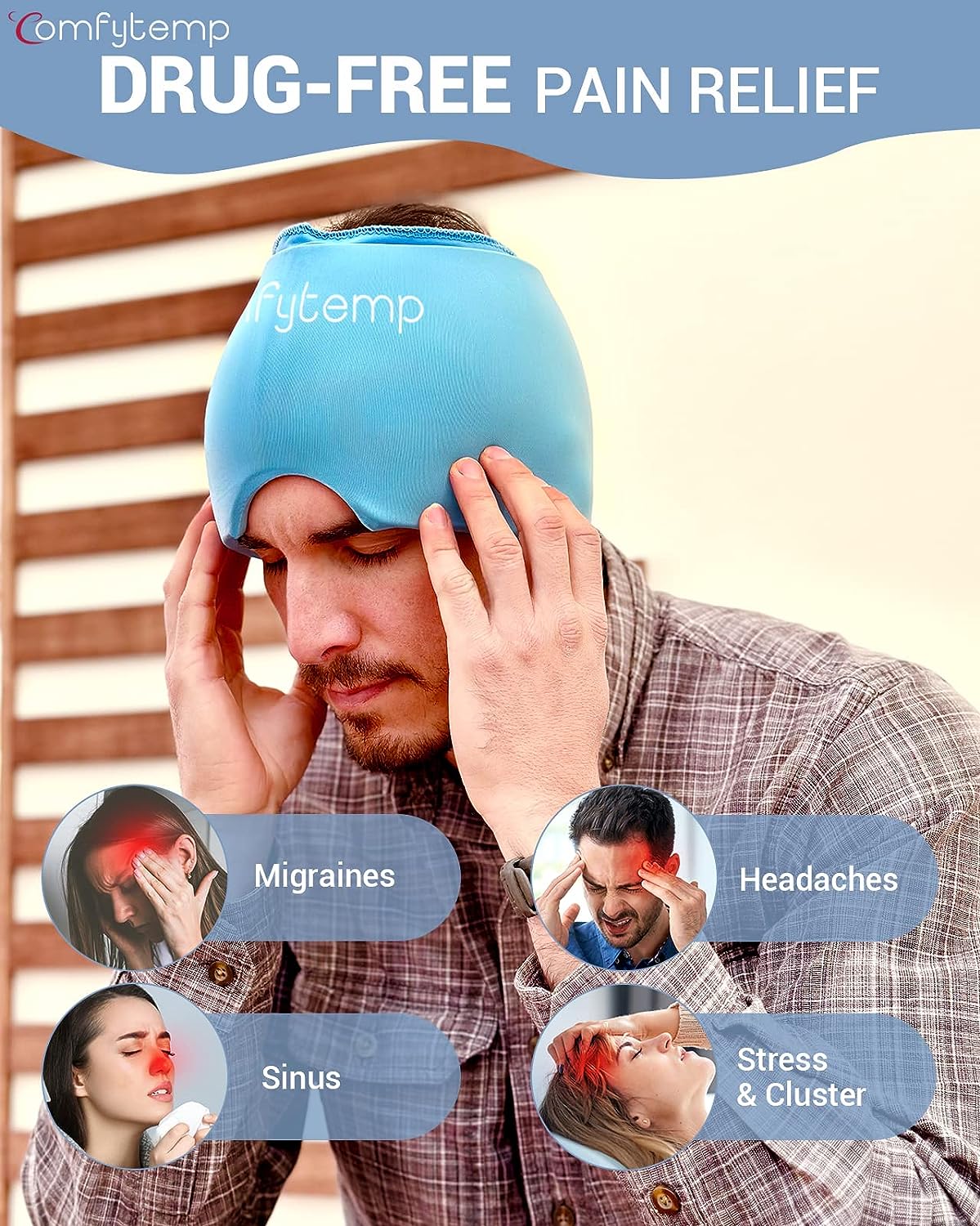 Comfytemp Migraine Ice Head Wrap, Form Fitting Gel Headache Relief Hat