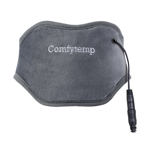 Grey electric heating pad for neck pain relief with red glow on back of neck