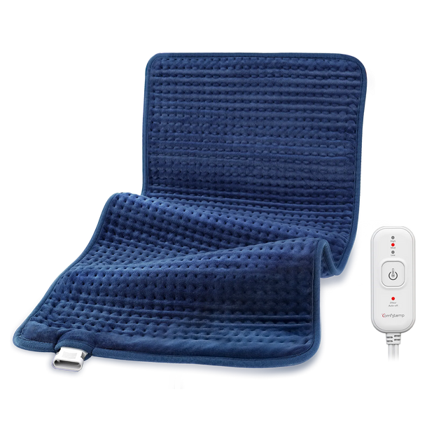 Comfytemp 17x33 inch blue electric heating pad for back and shoulder pain relief with controller.
