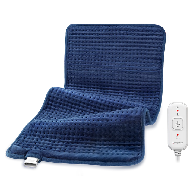 Comfytemp 17x33 inch blue electric heating pad for back and shoulder pain relief with controller.
