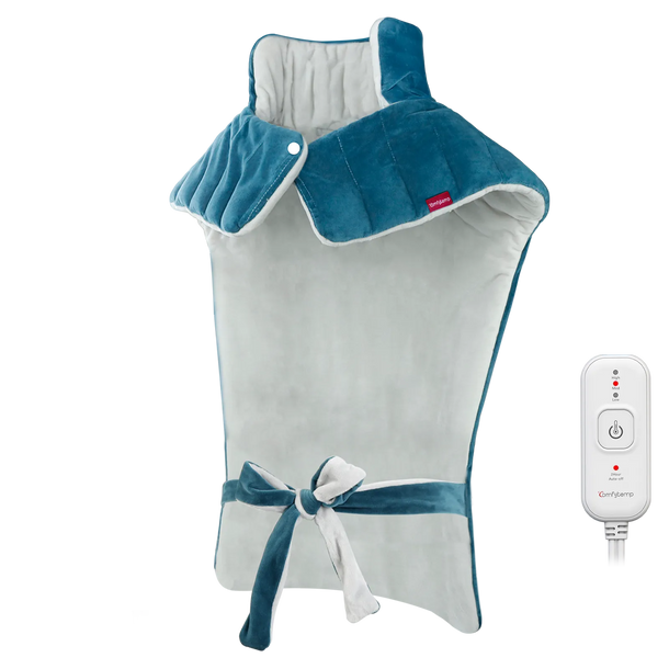 Comfytemp teal weighted heating pad for neck, back, and shoulders with controller.
