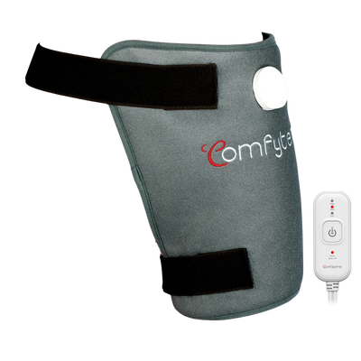 Comfytemp grey electric heating pad with adjustable straps and white handheld controller.