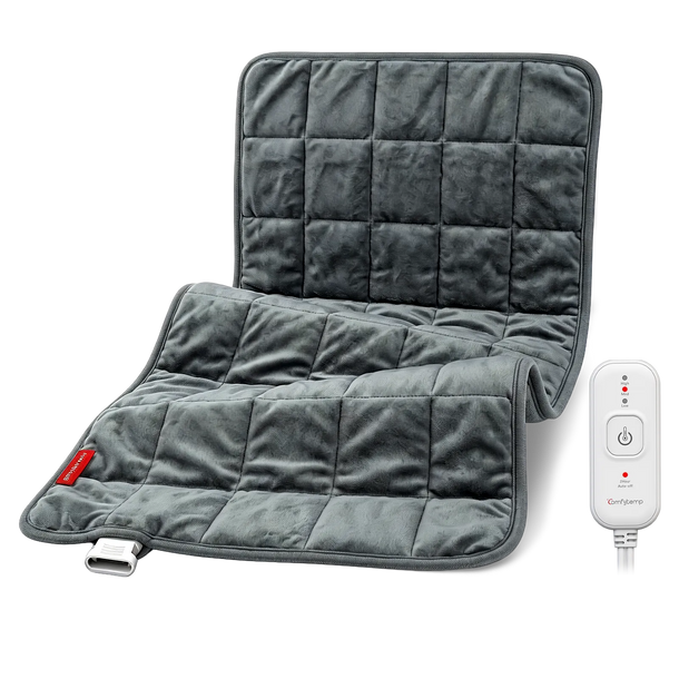 Comfytemp grey electric heating pad with soft plush fabric for full body pain relief.