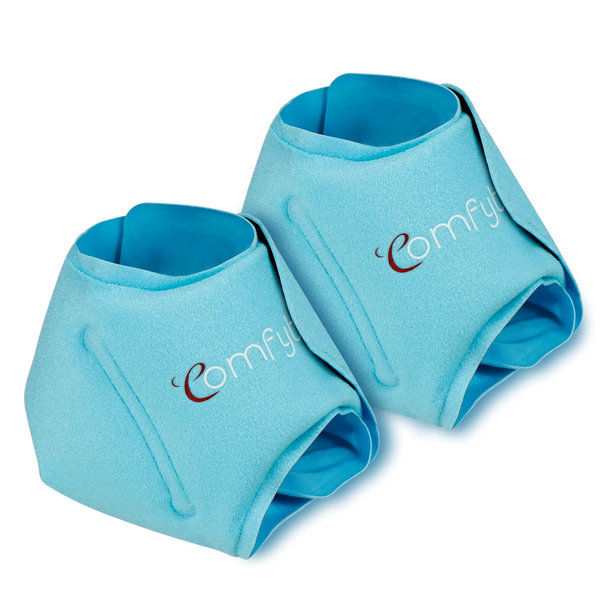 Two light blue Comfytemp ankle or elbow ice pack wraps with a soft fabric exterior.
