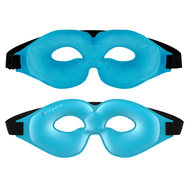 Blue Comfytemp gel eye masks with adjustable black straps for cooling relief.