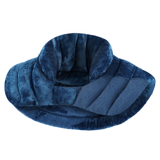 A plush blue weighted neck and shoulder heating pad isolated on a transparent background.