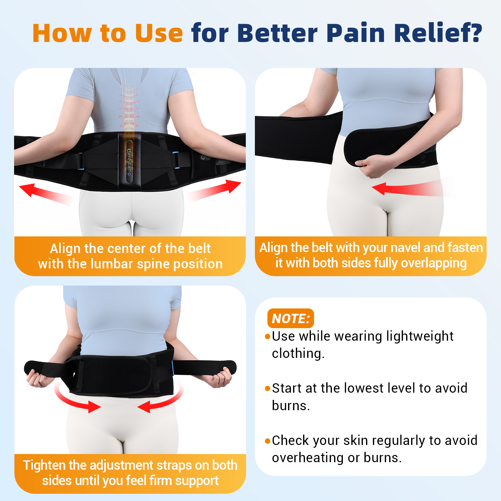 Soporte lumbar Comfytemp con 3 niveles de calor y 3 temporizadores, almohadilla térmica inalámbrica para aliviar el dolor de espalda, se adapta a la mayoría de tallas corporales hasta 150 cm (59").