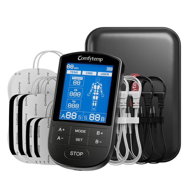 A Comfytemp TENS and EMS electronic pulse massager unit with electrode pads and cables.