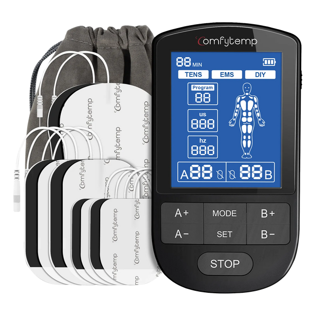 Comfytemp TENS EMS unit with electrode pads and a gray storage bag.