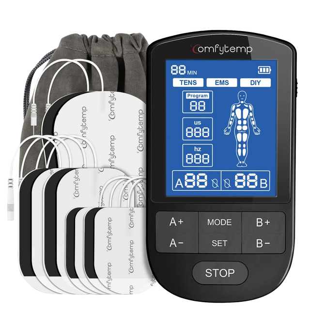 Comfytemp TENS EMS unit with electrode pads and a gray storage bag.