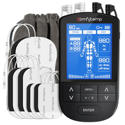 A Comfytemp TENS EMS unit device with electrodes, lead wires, and a storage pouch.