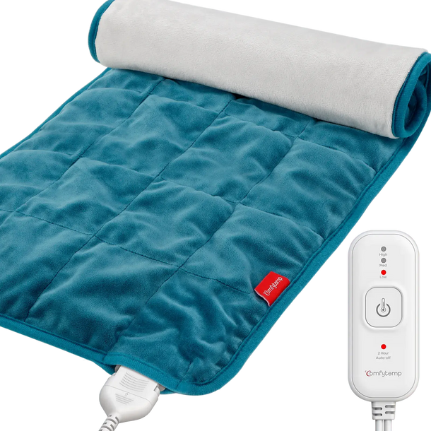 Comfytemp teal weighted heating pad with digital controller.