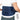 Navy blue lumbar support belt with adjustable straps, a control panel with red and green buttons, and a white device.